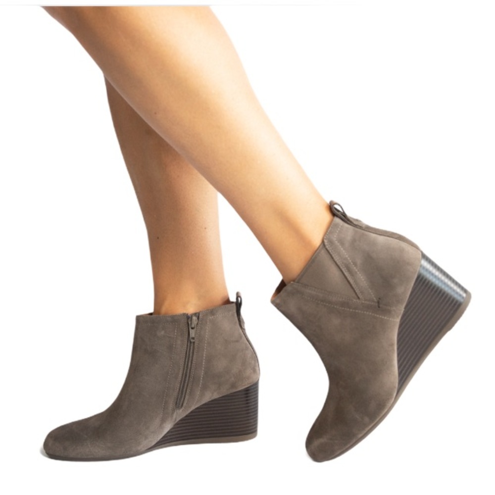 Vionic Paloma Suede Wedge Comfort Bootie Taupe 8